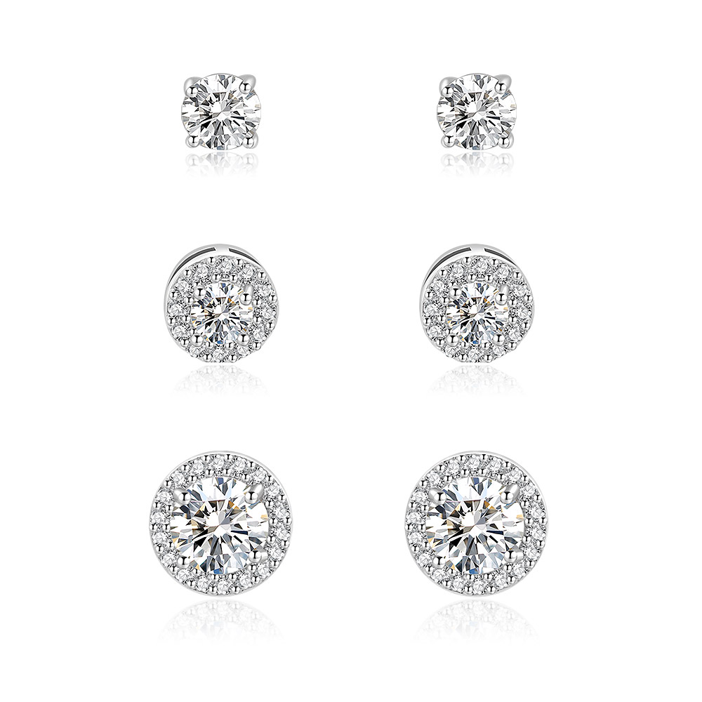 3 Pairs Rhodium Pave Stud Earrings